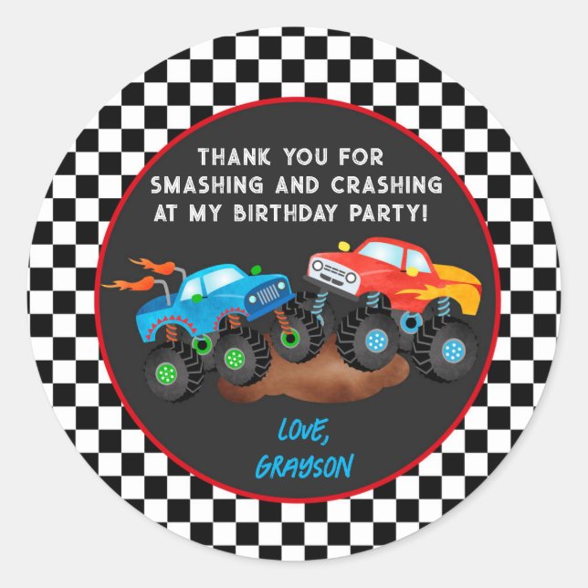 Monster Truck Birthday Party Favor Stickers Labels (Front)