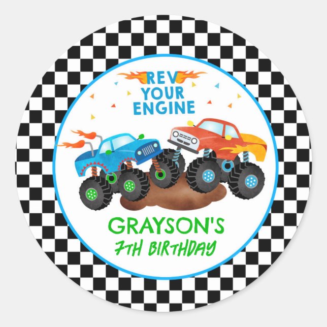 Monster Truck Birthday Party Favor Stickers Labels (Front)