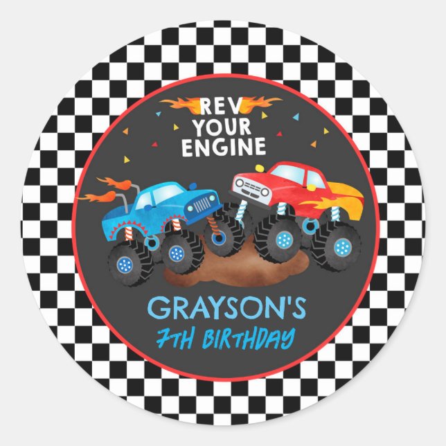 Monster Truck Birthday Party Favor Stickers Labels (Front)