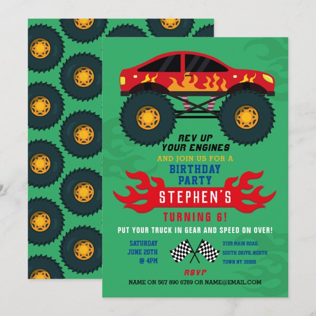 Monster Truck Birthday Party Flames Big Invite (Front/Back)