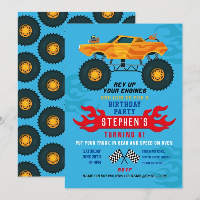 Monster Truck Birthday Party Flames Big Invite (Front/Back)