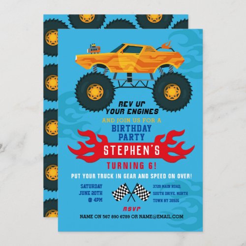 Monster Truck Birthday Party Flames Big Invite