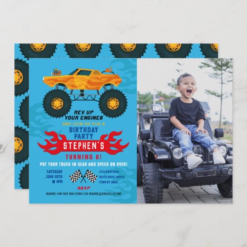 Monster Truck Birthday Party Flames Big Photo Blue Invitation