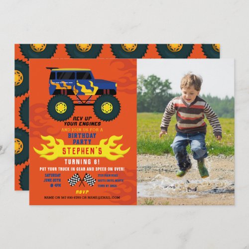 Monster Truck Birthday Party Flames Big Photo Invitation