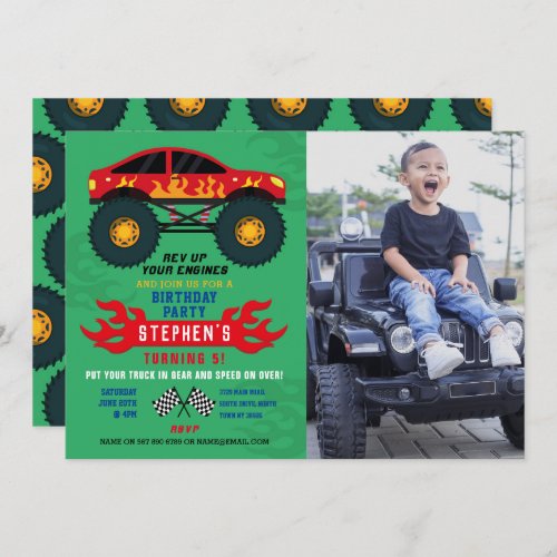 Monster Truck Birthday Party Flames Big Photo Invitation