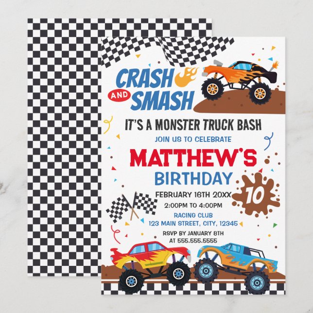 Monster Truck Birthday Party Invitation (Front/Back)