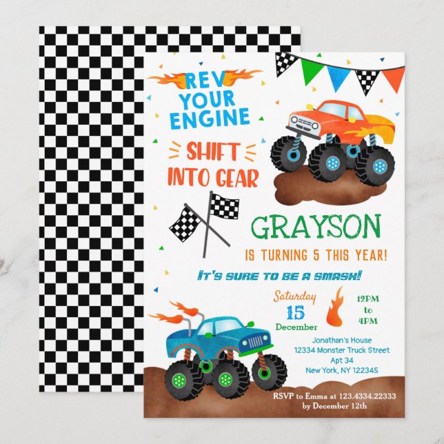 Monster Truck Birthday Party Invitations for boy  (Front/Back)