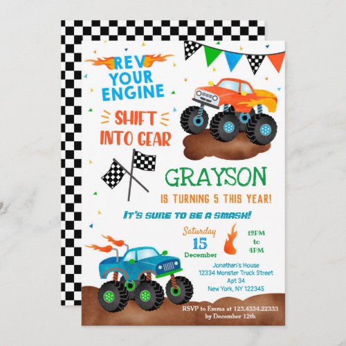 Monster Truck Birthday Party Invitations for boy 