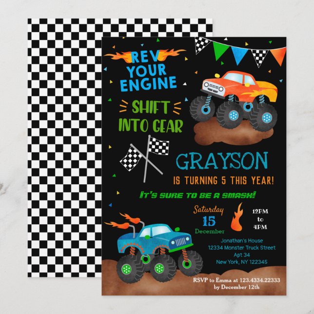 Monster Truck Birthday Party Invitations for boy  (Front/Back)
