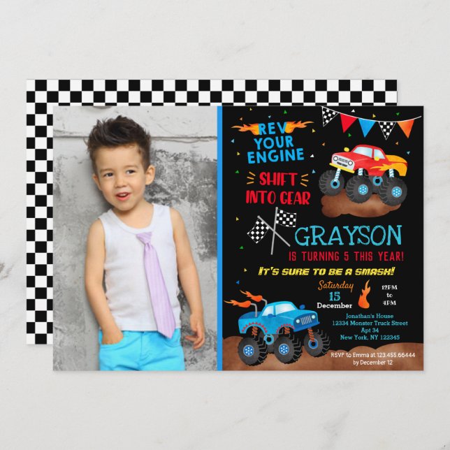 Monster Truck Birthday Party Invitations Photo (Front/Back)