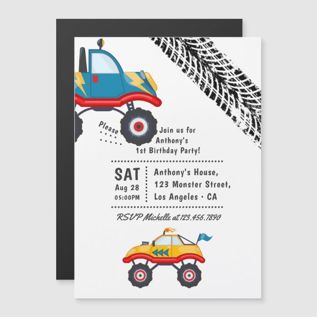 Monster Truck Birthday Party Magnetic Invitation (Front/Back)