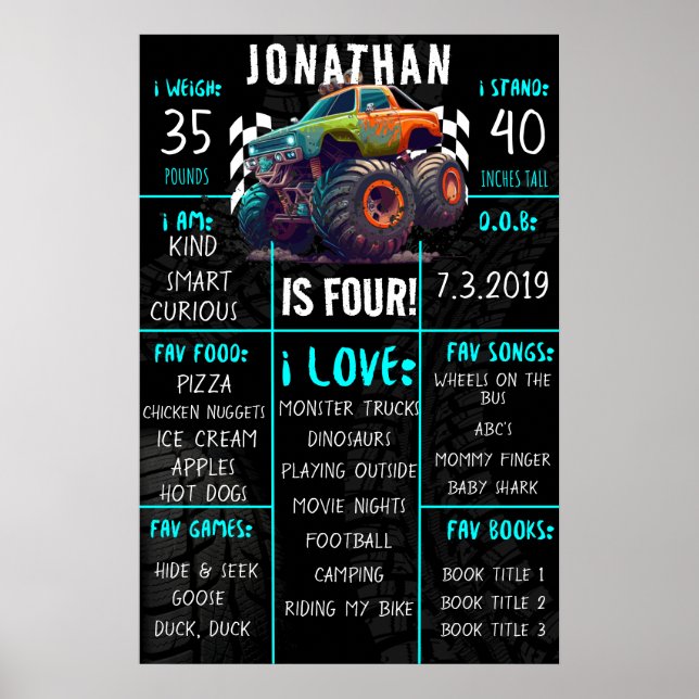 Monster Truck Birthday Party Milestone Sign  (Front)