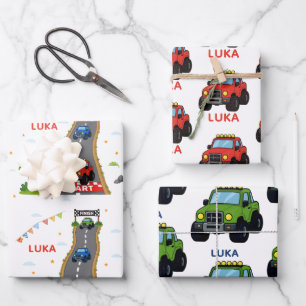 Monster Truck Birthday Party Name Kids Wrapping Paper Sheets