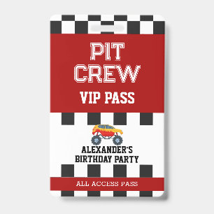 Monster Truck Birthday Party Pit Crew VIP Pass Badge