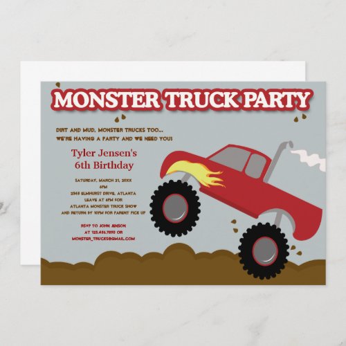 Monster Truck Birthday Party Red  Gray Colors Invitation