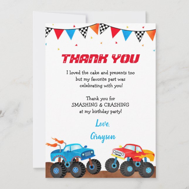 Monster Truck Birthday Party Thank You Cards (Front)