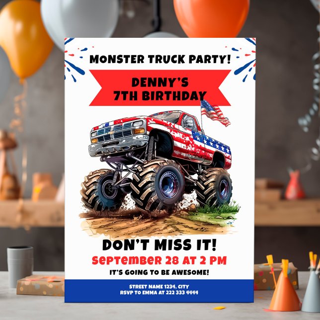 Monster truck birthday party with bold off-road invitation (Creator Uploaded)