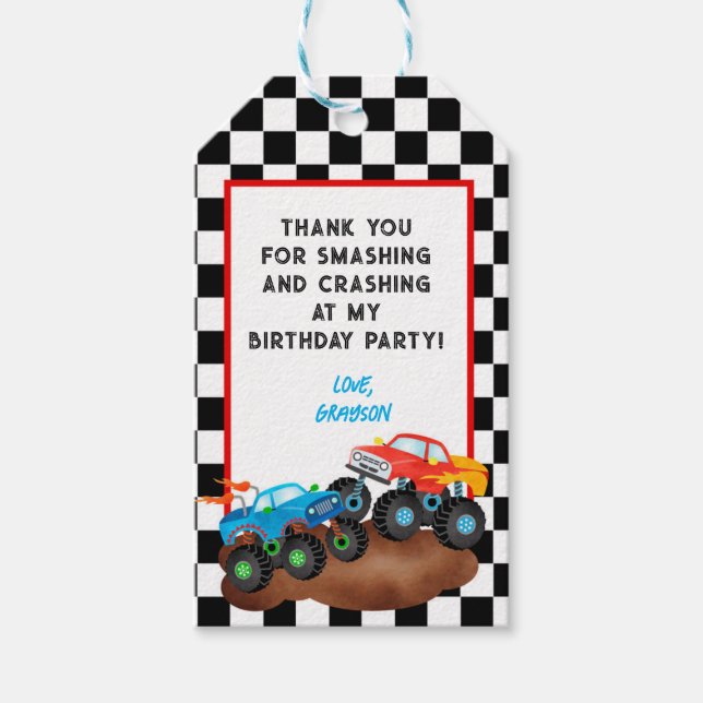 Monster Truck Birthday Thank You Gift Favor Tags (Front)