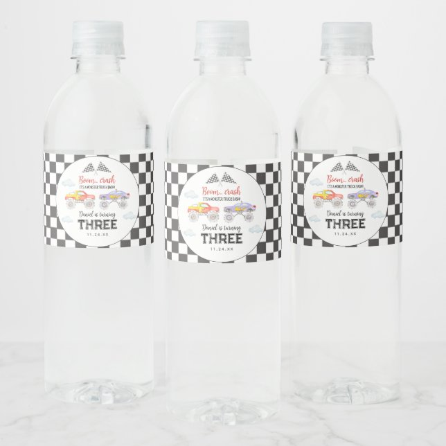 Monster Truck Birthday Water Bottle Label (Bottles)