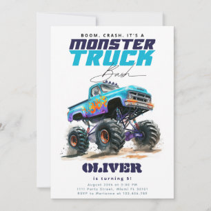 Monster Truck Blue Birthday Invitation