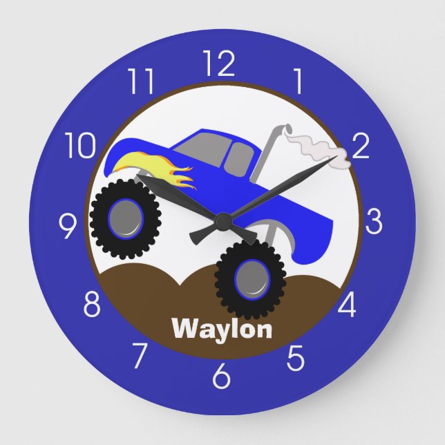 Monster Truck Blue Boys Toddler Nursery Room  Large Clock (Front)