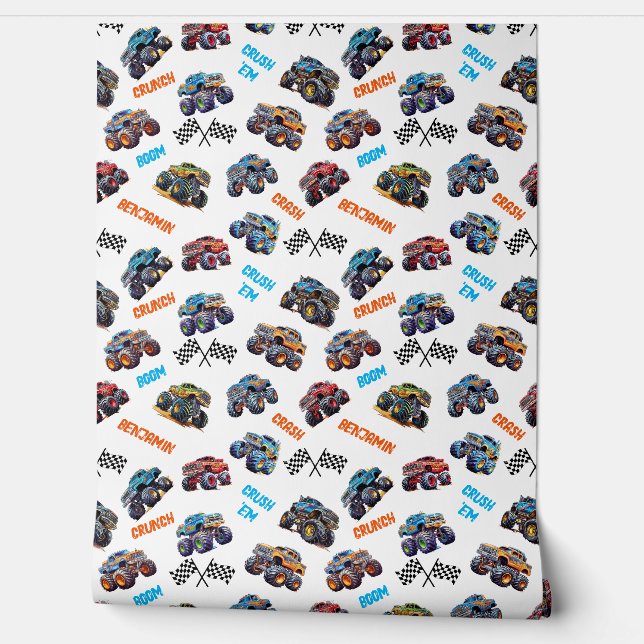 Monster Truck Boom Crunch Crash Kid's Name Wallpaper (Unrolling)
