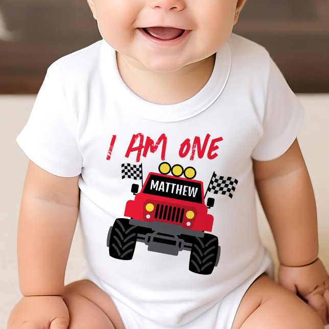 Monster Truck Boy 1st Birthday Personalized Baby T-Shirt (Creator Uploaded)
