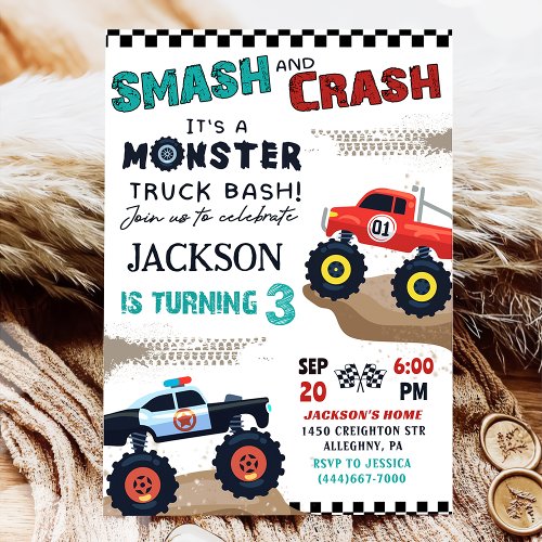 Monster Truck Boy 3rd Birthday Party Invitation