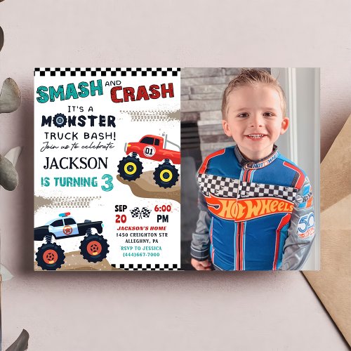 Monster Truck Boy 3rd Birthday Party Photo Invitation