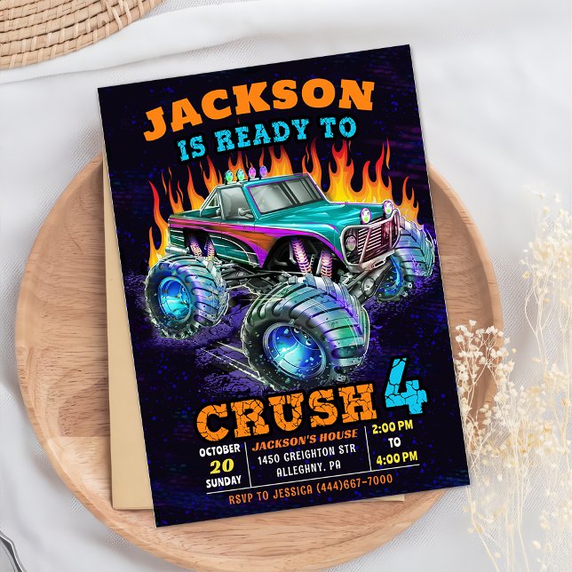 Monster Truck Boy 4th Birthday Party Invitation (Creator Uploaded)