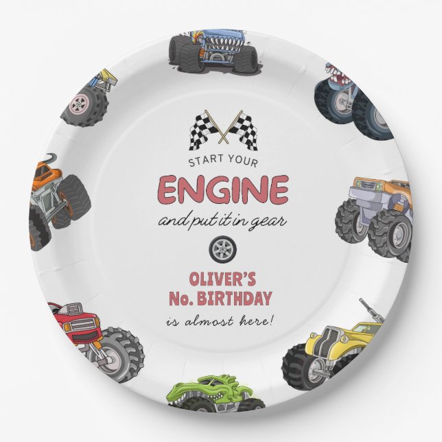 Monster truck, boy any age birthday paper plates (Front)
