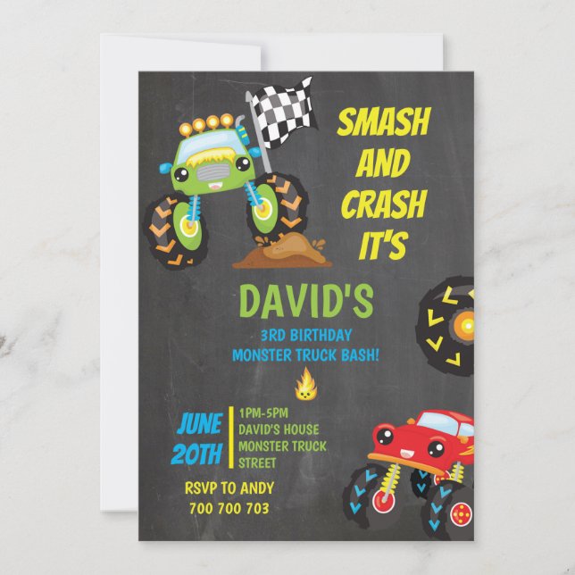 Monster Truck Boy Birthday Party Smash Crash Invitation (Front)