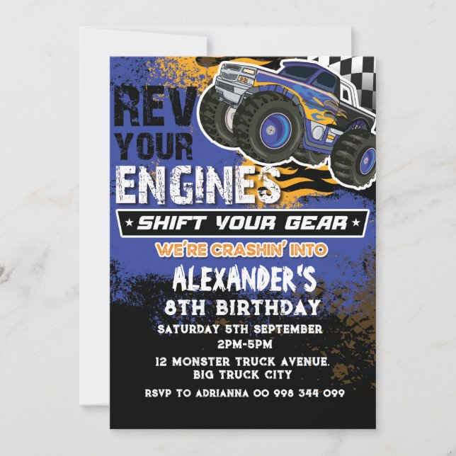 Monster Truck Boy Blue Invitation (Front)