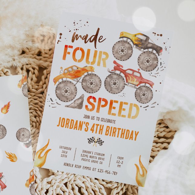Monster Truck Boy Made Four Speed 4th Birthday Invitation (Creator Uploaded)
