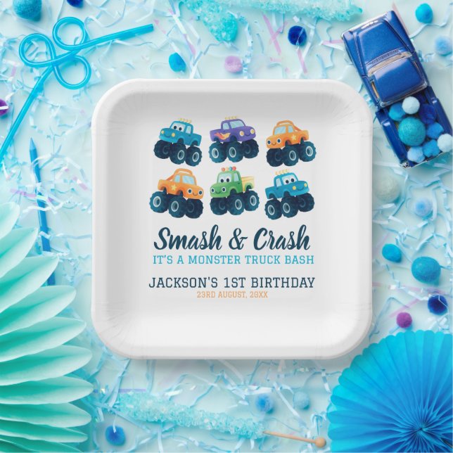 Monster Truck Boys Cute Boys Birthday  Paper Plates (Party)