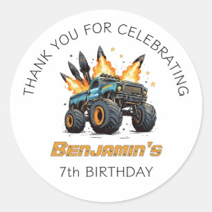 Monster Truck Boys Thank You Birthday Celebration Classic Round Sticker