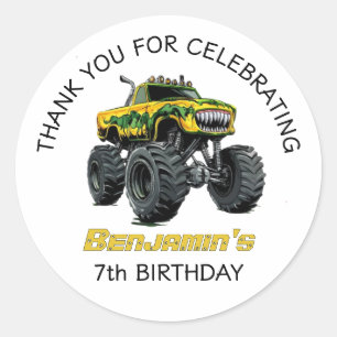 Monster Truck Boys Thank You Birthday Party Classic Round Sticker