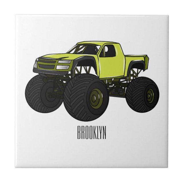 Monster truck cartoon illustration ceramic tile (Front)