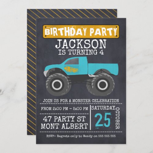 Monster Truck Chalboard Birthday Party Invitation