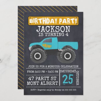 Monster Truck Chalboard Birthday Party Invitation by Sugar_Puff_Kids at Zazzle