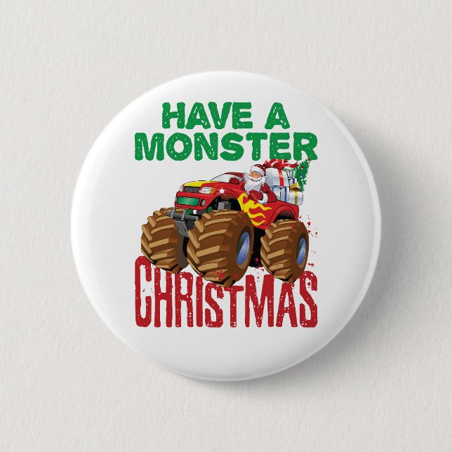 Monster Truck Christmas Santa Claus Boys Toddlers Button (Front)