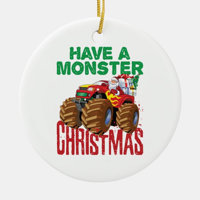 Monster Truck Christmas Santa Claus Boys Toddlers Ceramic Ornament (Front)