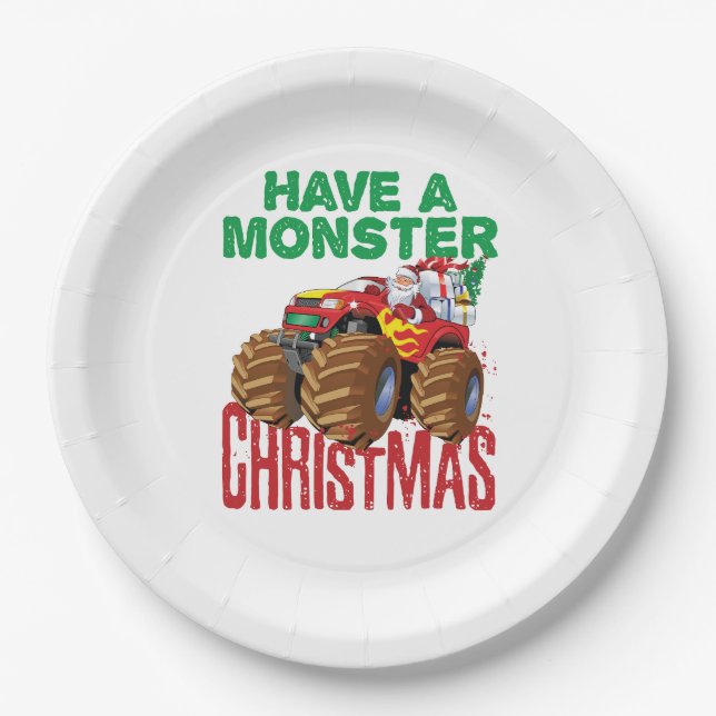 Monster Truck Christmas Santa Claus Boys Toddlers Paper Plates (Front)
