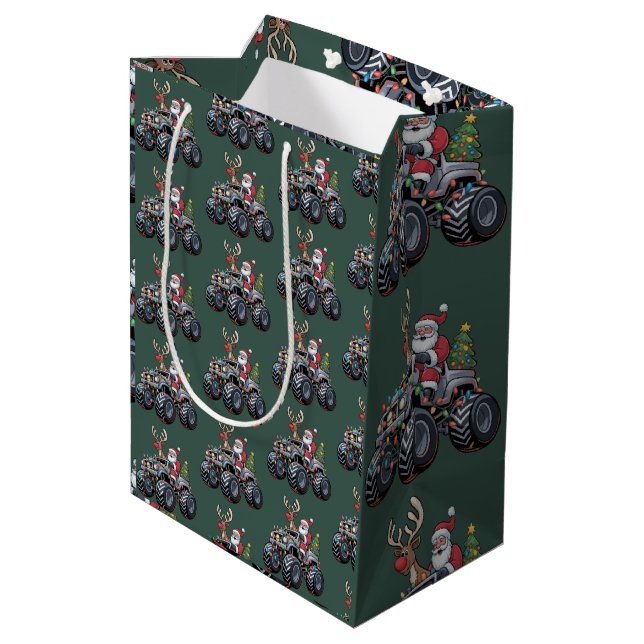 Monster Truck Christmas Santa Holiday Kids Medium Gift Bag (Back Angled)