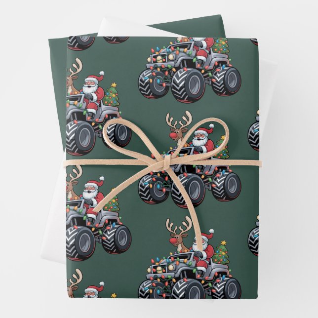 Monster Truck Christmas Santa Holiday Kids Wrapping Paper Sheets (In situ)
