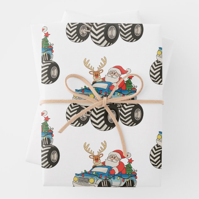 Monster Truck Christmas Santa Reindeer Festive Wrapping Paper Sheets (In situ)