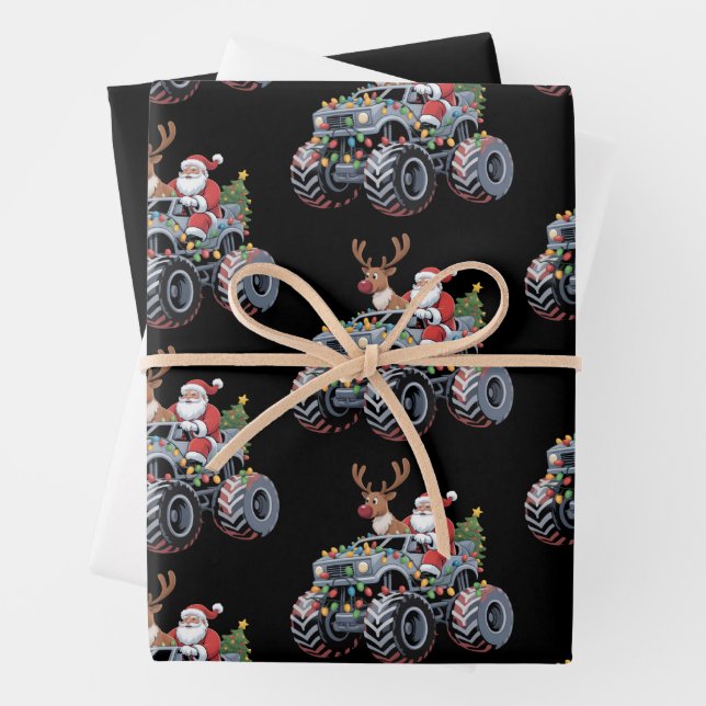 Monster Truck Christmas Santa Reindeer Holiday  Wrapping Paper Sheets (In situ)