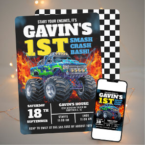 Monster Truck Cool Blue 1st Birthday Personalized Invitation
