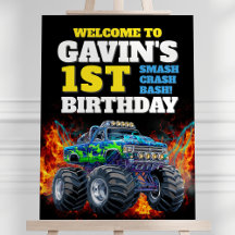 Monster Truck Cool Blue 1st Birthday Welcome Sign