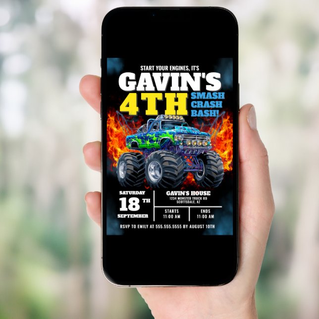 Monster Truck Cool Blue 4th Birthday Personalized Invitation (Front Digital)